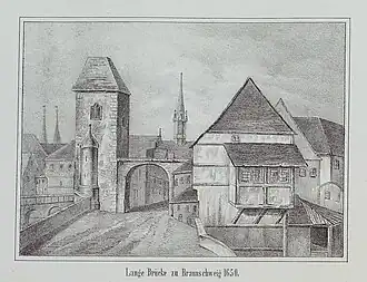 Die „Lange Brücke“ mit Tor und Brückenturm um 1650. Lithografie 19. Jahrhundert.