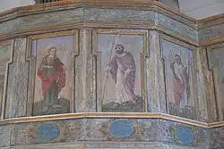 Apostel Johannes (mit Kelch), Thomas (mit Lanze) und Simon (mit Säge)