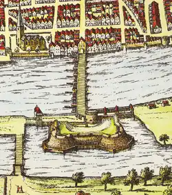 Brückenkopf mit Brautbastei an der Großen Weserbrücke der Stadt Bremen, 1589 nach Braun und Hogenberg