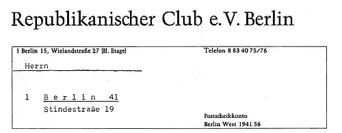 Briefbogen Republikanischer Club e.&nbsp;V. Berlin