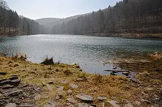 Blick vom Staudamm südsüdwestwärts über den Schmalastausee