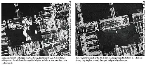 Aufklärungsfotos vor und nach dem Luftangriff 1942, die Sonderburg liegt im Bassin Napoleon III der Rade de Cherbourg. Die Bilder sind jeweils um 90 Grad gegen der Uhrzeigersinn gedreht; Norden befindet sich auf der jeweils linken Bildseite, Süden rechts