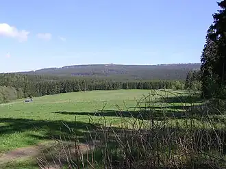 Blick vom Mühlenberg aus Richtung Altenau zum Bruchberg mit Wolfswarte (mittig) und Gipfelregion (rechts) im Sommer.