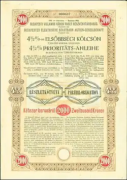 Anleihe der Budapester Elektrische Stadtbahn AG vom 31.&nbsp;Dezember 1908