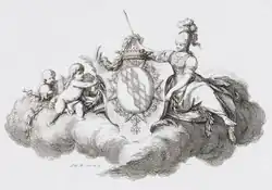 Wappen des preußischen Generals Johann von Buddenbrock (1707–1781), gehalten von Minerva und zwei Putti, dekoriert mit dem Schwarzen Adlerorden (1770)