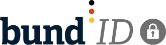 bundID Schriftzug mit drei senkrechten Punkten in Deutschland-Farben sowie einem Icon für ein Schlüsselschloss.