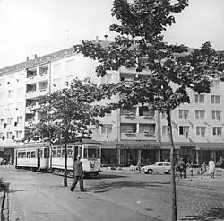 Schmalspurzug auf der Wilhelm-Pieck-Straße (heute Theaterstraße), 1960