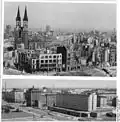 Ruinen der Innenstadt mit Ulrichskirche 1946; darunter Sicht auf die neue Bebauung im Jahr 1964