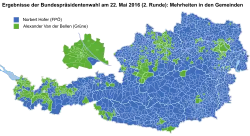Mehrheitsverteilung auf Ebene der Gemeinden (ohne Briefwahlstimmen); Gemeinden mit Gleichstand (beide Kandidaten 50 %) sind grau gefärbt.