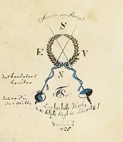 Entwurfszeichnung mit Korrekturanmerkungen für ein Bundeszeichen des Corps Suevia, damals noch in Landshut, 1825