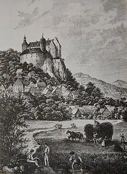 Burg und Dorf Egloffstein auf einem Holzstich von E.&nbsp;Hofmann (um 1880)