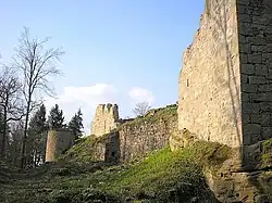 Die Westseite der Burg von Süden mit der Kapelle und dem südwestlichen Zwingerturm