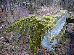 Die angebliche Doppeltoranlage, im Hintergrund der Parkplatz an der Ortsverbindungsstraße Kurzewind-Eyrichshof. Das Bodenniveau der äußeren Felsspalte liegt heute etwa zweieinhalb Meter unter dem des Burghofes