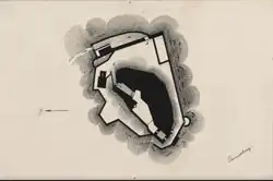 Rechts: Ruine Emmerberg aus Nord (2007), Links: Grundrisszeichnung von 1885