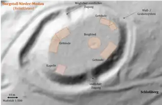 Relief vom Burgstall mit Bauten nach Wagner[13] und Krahe[14]