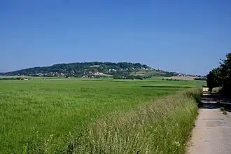 Blick vom Quellbereich des Weschelbachs, westlich von Laibstadt, nordnordwestwärts zum Schloßberg