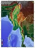 Topografische Karte von Myanmar/Birma mit dem Indo-Burman-Akkretionskeil (links bräunlich markiert) und dem südlich anschließenden Sundagraben mit den Andamanen