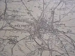 Das Stadtgebiet auf einer alten Landkarte: Beuthen mit Schomberg und Rossberg