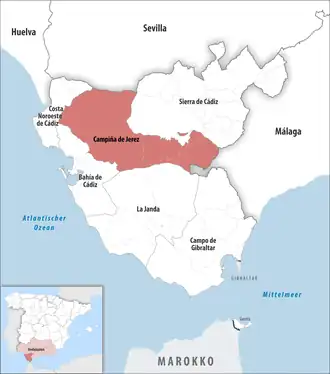 Die Lage der Comarca Campiña de Jerez in der Provinz Cádiz