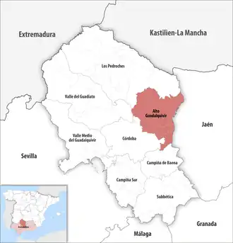 Die Lage der Comarca Alto Guadalquivir in der Provinz Córdoba