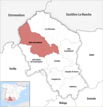 Die Lage der Comarca Valle del Guadiato in der Provinz Córdoba