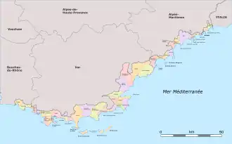 Administrative Karte der Côte d’Azur mit allen Gemeinden