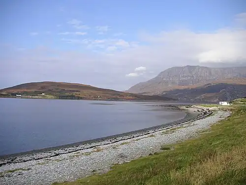 Blick von Ardmair nach Norden über Isle Martin, rechts im Hintergrund der Ben More Coigach