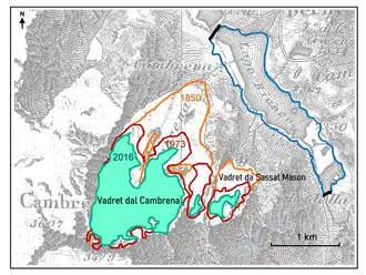 Flächenveränderung des Cambrenagletschers und des Vadret da Sassal Mason, 1850–2016 (nach GLAMOS[5])
