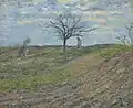 Terre labourée en hiver, avec un homme portant un fagot