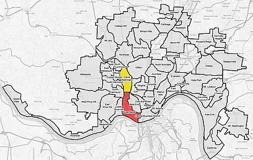 Der Queensgate Yard erstreckt sich über die Stadt­viertel Camp Washington (gelb) und Queensgate (rot)