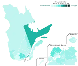 Bloc Quebecois: ﻿unter 10 % ﻿10–19 % ﻿20–29 % ﻿30–39 % ﻿40–49 % ﻿50–59 % ﻿60–69 % ﻿mehr als 70 %