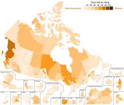 New Democratic Party: ﻿unter 10 % ﻿10–19 % ﻿20–29 % ﻿30–39 % ﻿40–49 % ﻿50–59 % ﻿60–69 % ﻿mehr als 70 %