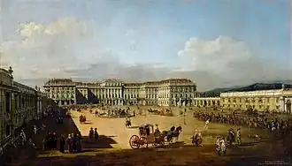 Bernardo Bellotto Canaletto 1758/61. Der Haupttrakt zeigt noch die abwechslungsreichere Barockfassung, das Seitengebäude das typische Schönbrunner Gelb.