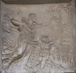 Reliefs der Sockelzone, Szenen aus dem Buch Genesis, rechts. Die Jagd des Lamech.