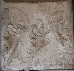 Reliefs der Sockelzone, Szenen aus dem Buch Genesis, rechts. Die Opfergaben Kain und Abels.