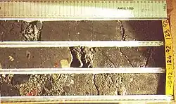 Verschiedene glaziale Sedimente, die in einer Tiefe von etwa 125 m im Bohrkern CRP-2/2A angetroffen wurden. Oben: relativ feinkörnige Sedimente; Mitte: Sedimente mit eisbergtransportierten Komponenten; Unten: konglomeratische Sedimente, die direkt vor einer Eismasse abgelagert wurden. Die Abfolge dokumentiert einen Eisvorstoß aus dem Transantarktischen Gebirge vor etwa 21,5 Millionen Jahren, bei dem das Eis grobe Erosionsprodukte aus dem Gebirge ablagerte.