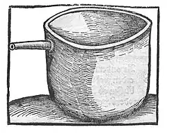 Cappel (Tiegel) aus Kupfer mit Überlaufröhre zum Balneum Mariae. 1500[14]