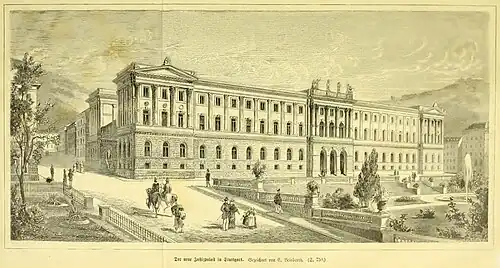 Justizgebäude, 1878–1944, Ecke Urbanstraße (links) und Archivstraße, Zeichnung 1878.