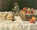Carl Schuch: Äpfel auf Weiß; mit Körbchen, Zinnkrug und Spargelbund