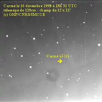 Carme am 16. Dezember 1998 um 18:32 UTC vom OHP (Observatoire de Haute-Provence) mit einem 120-Zentimeter-Teleskop