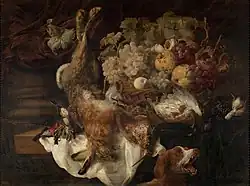 Stillleben mit Wildbret, Früchten, einem Hund und einer Katze, sign., Öl auf Holz, 77 × 112 cm, Madrid, Prado