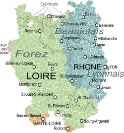 Der Regierungsbezirk von Lyon im XVIII. Jahrhundert mit den Provinzen Lyonnais, Forez und Beaujolais und den aktuellen Gemeinden und Départements.