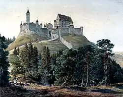 Burg Alt-Trauchburg im 17. Jahrhundert, gemalt um 1840 von Caspar Obach