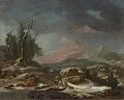 Caspar Wolf: Winterlandschaft mit einem Wanderer im Kampf gegen Wölfe, 1770
