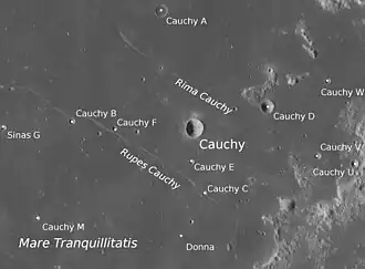 Cauchy mit Rupes Cauchy, Rima Cauchy und Nebenkratern (LROC-WAC)