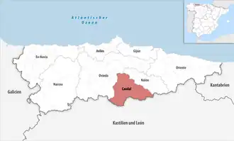 Die Lage der Comarca Caudal in der autonomen&nbsp;Gemeinschaft&nbsp;Asturien