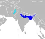 dunkelblau die Verbreitung des Gangesdelfins, hellblau die des Indusdelfins