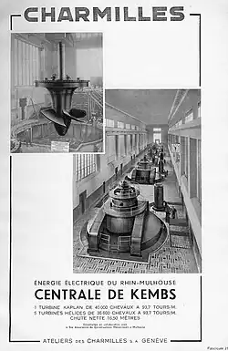 Werbung der Ateliers des Charmilles SA aus den 1950er-Jahren mit den Turbinen von Kembs