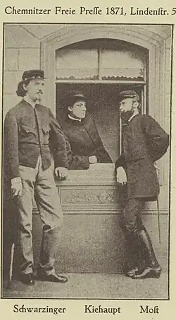Drei junge Männer, einer von ihnen aus dem Fenster gelehnt, darunter die Namen Schwarzinger, Kiehaupt, Most.