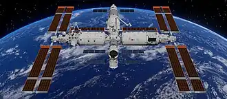 Künstlerische Darstellung der chinesischen Raumstation. Rechts und links die Wissenschaftsmodule, hinten das Kernmodul und ein Tianzhou-Raumtransporter, vorne und unten je ein Shenzhou-Raumschiff.